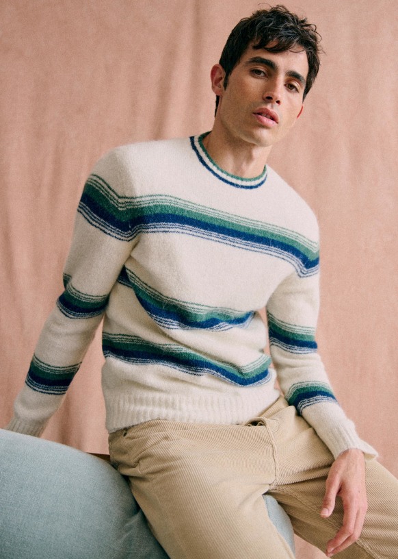 Collins Sweater - Ecru Blue and Green Stripes - Wool - Octobre Éditions