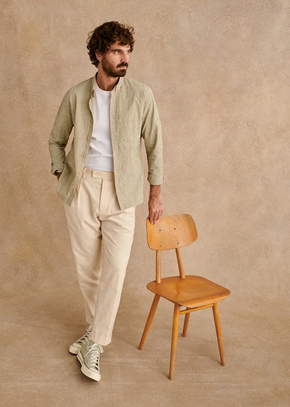 Charlie コットンリネン シアサッカーシャツ - Beige Blue Charlie コットンリネン シアサッカーシャツ - Beige Blue