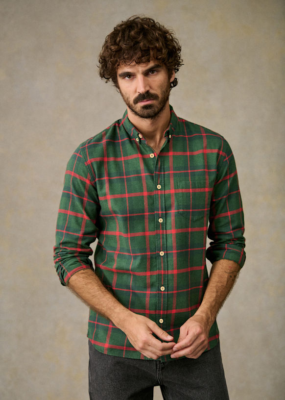 Camicia Uomo In Flanella Scozzese Rossa E Verde Scuro | Maniche Lunghe, Taschino, Morbida, Taglia S, Casual