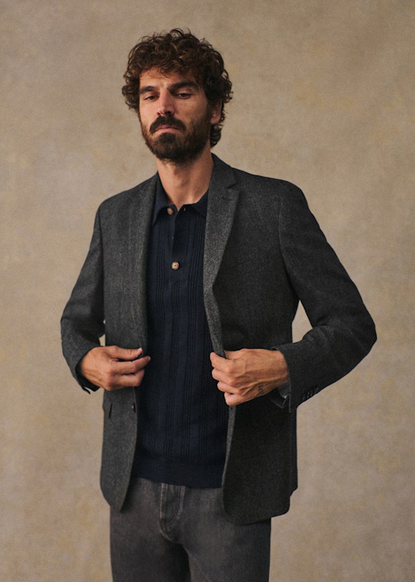 Lucas Tweed Jacket - Mottled Blue - Wool - Sézane