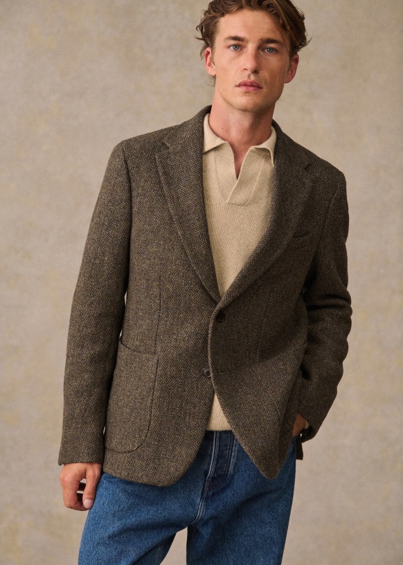 Riddle Harris Tweed Suit jacket Herringbone Khaki Wool Sezane
