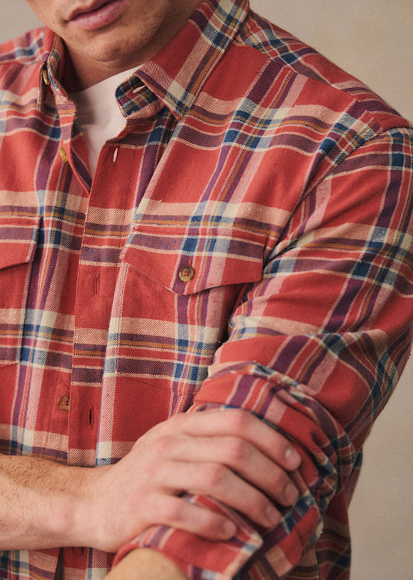 Camisa Barney - Coral Quadrados Azuis - Algodão - Sézane