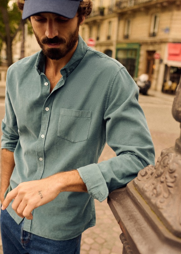 Chemise Charlie Velours Bleu Acier Coton biologique textile biologique Octobre Editions