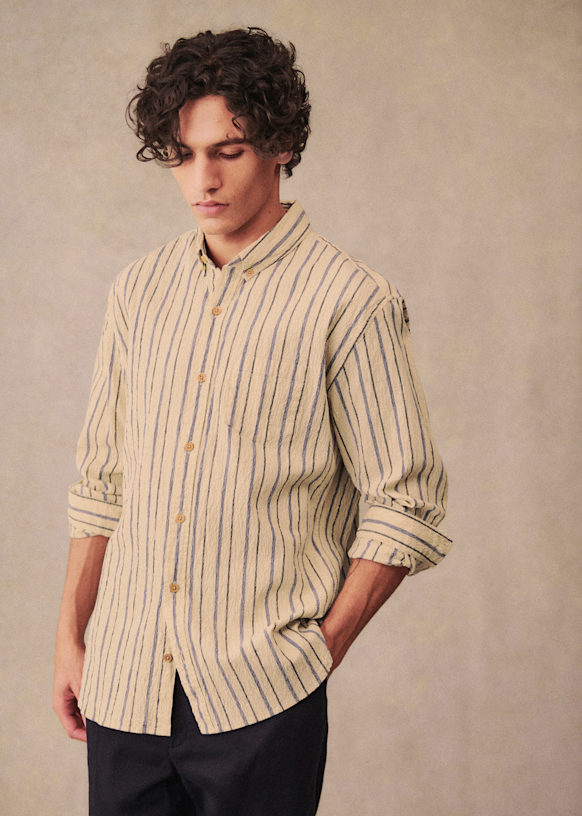 Coton Linen Seersucker Charlie Shirt - Thin stripes Khaki