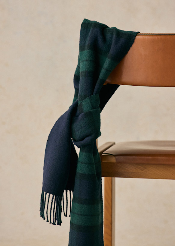 Alsek Scarf - Navy / Green tartan - GRS certified recycled wool