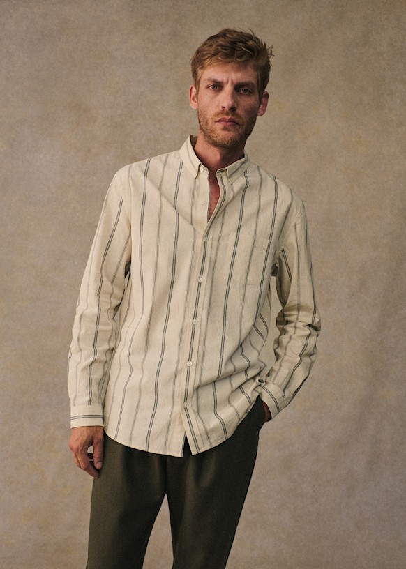 Charlie Shirt - Ecru Stripes Navy / Beige - Organic Cotton - Sézane