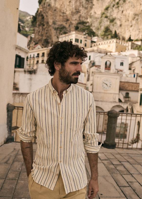 Coton Linen Seersucker Charlie Shirt - Beige Blue Stripes - Cotton