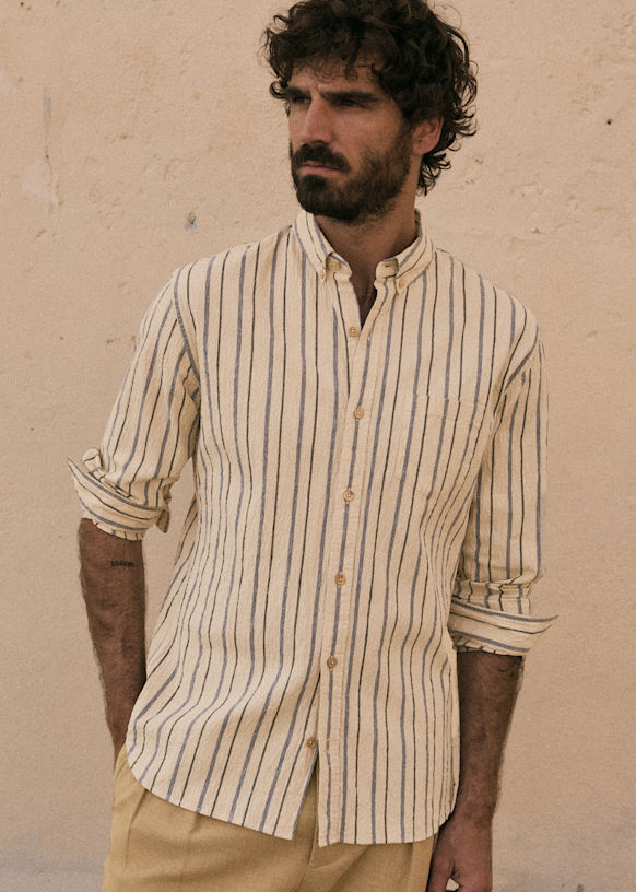Coton Linen Seersucker Charlie Shirt - Beige Blue Stripes - Cotton