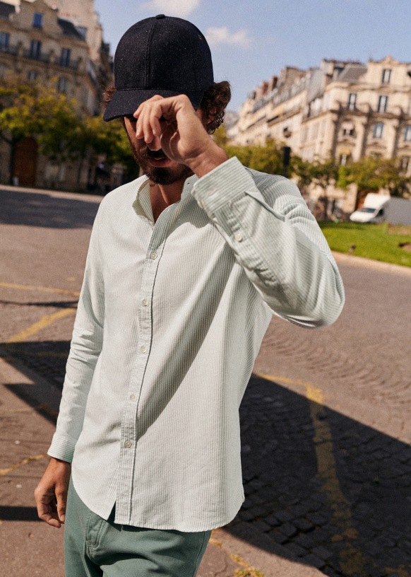 Benny Oxford Shirt White Green Stripes Organic Cotton Sezane