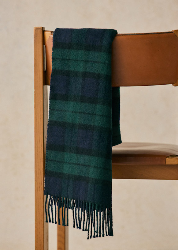 Alsek Scarf - Navy / Green tartan - GRS certified recycled wool