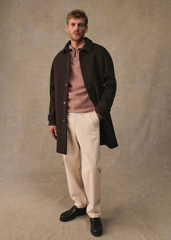 Weldon Coat - Khaki / Brown houndstooth - Wool - Octobre Éditions