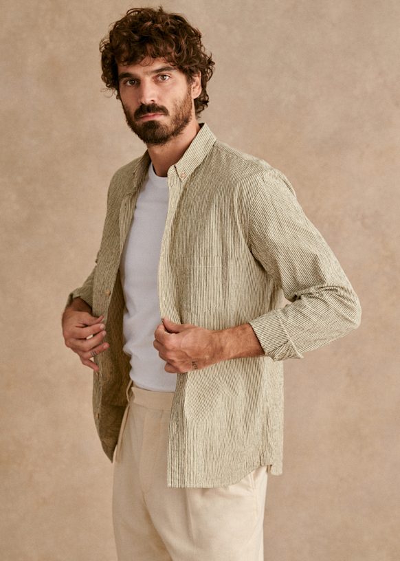 Coton Linen Seersucker Charlie Shirt - Thin stripes Khaki