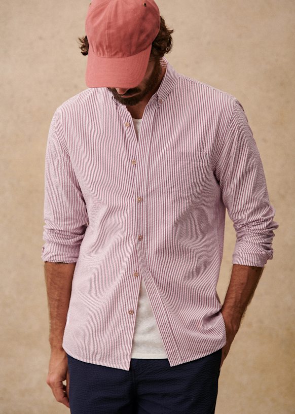 【BAON】[unisex] Shudel Summer Seersucker Check Over Shirt Women's Vacationland Seersucker Shirt, Short-Sleeve Popover
