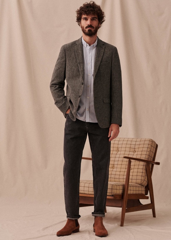 Lucas Tweed Jacket - Mottled Blue - Wool - Sézane