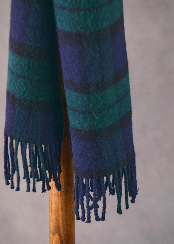 Alsek Scarf - Navy / Green tartan - GRS certified recycled wool