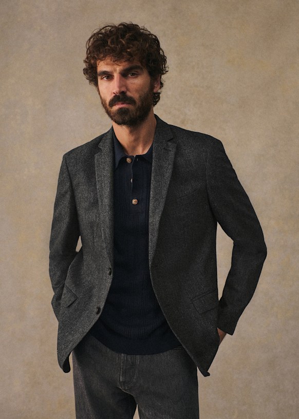 Lucas Tweed Jacket - Mottled Blue - Wool - Sézane