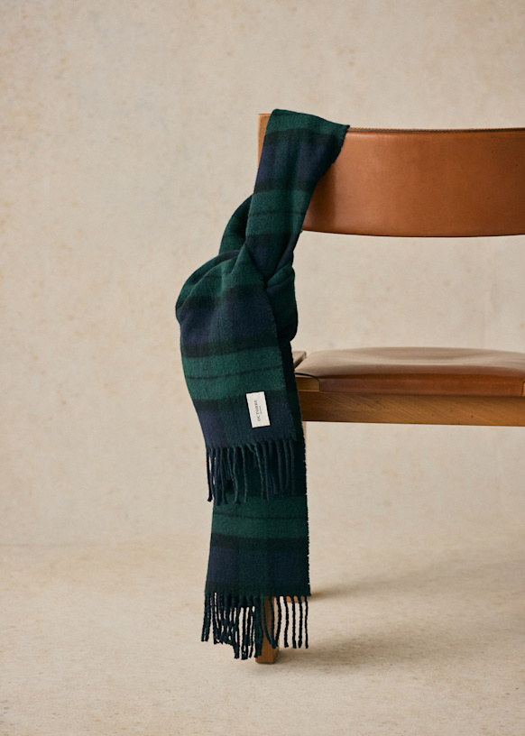 Alsek Scarf - Navy / Green tartan - GRS certified recycled wool
